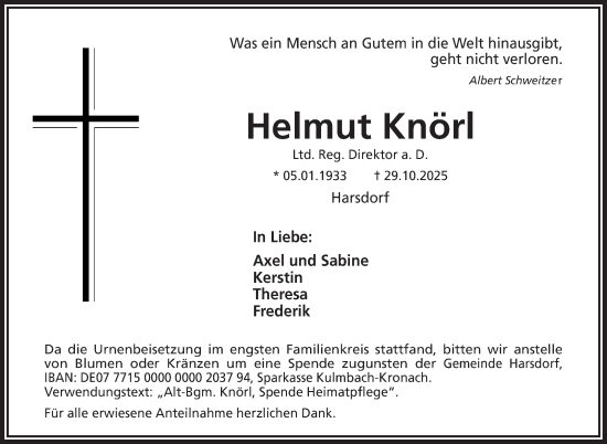 Anzeige von Helmut Knörl von Nordbayerischer Kurier