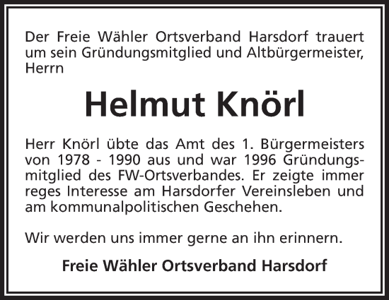 Anzeige von Helmut Knörl von Nordbayerischer Kurier