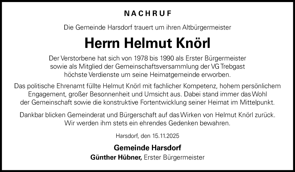  Traueranzeige für Helmut Knörl vom 15.11.2025 aus Nordbayerischer Kurier