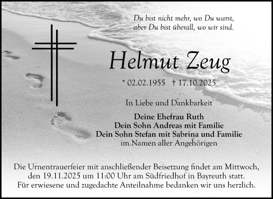 Anzeige von Helmut Zeug von Nordbayerischer Kurier