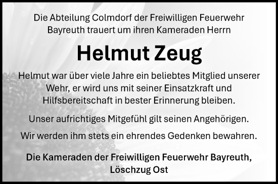 Anzeige von Helmut Zeug von Nordbayerischer Kurier