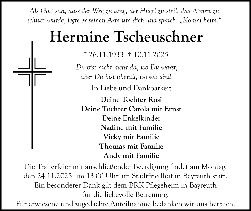  Traueranzeige für Hermine Tscheuschner vom 20.11.2025 aus Nordbayerischer Kurier