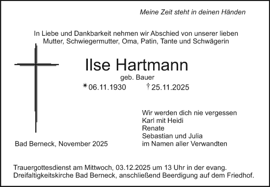 Anzeige von Ilse Hartmann von Nordbayerischer Kurier