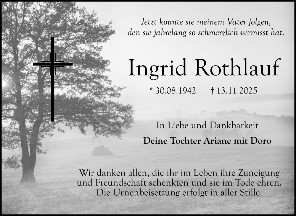  Traueranzeige für Ingrid Rothlauf vom 19.11.2025 aus Nordbayerischer Kurier