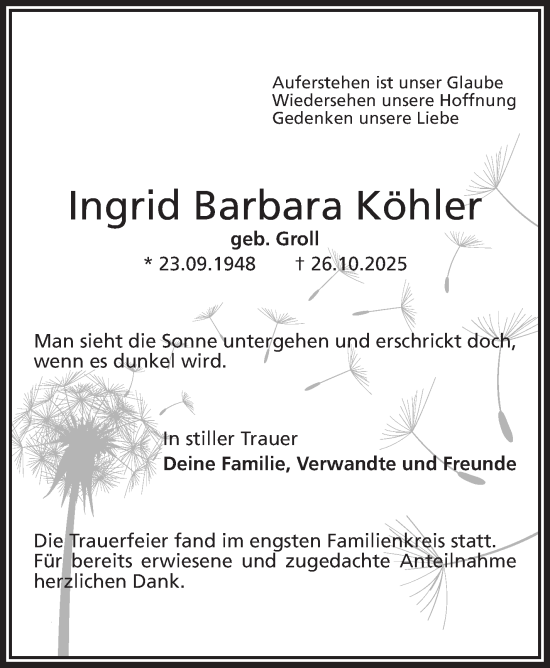 Anzeige von Ingrid Barbara Köhler von Nordbayerischer Kurier