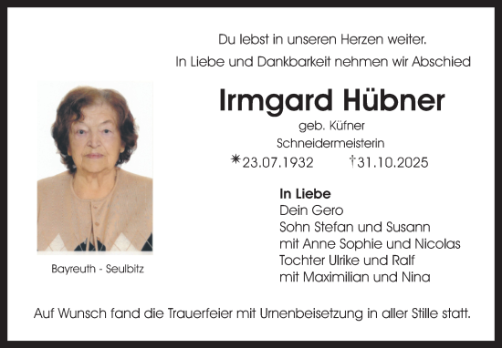 Anzeige von Irmgard Hübner von Nordbayerischer Kurier