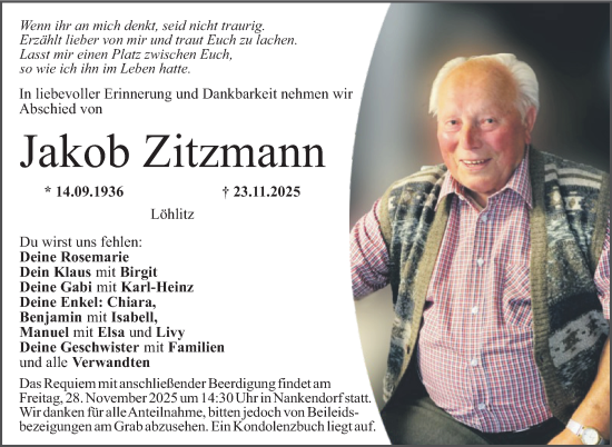 Anzeige von Jakob Zitzmann von Nordbayerischer Kurier