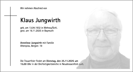 Anzeige von Klaus Jungwirth von Nordbayerischer Kurier