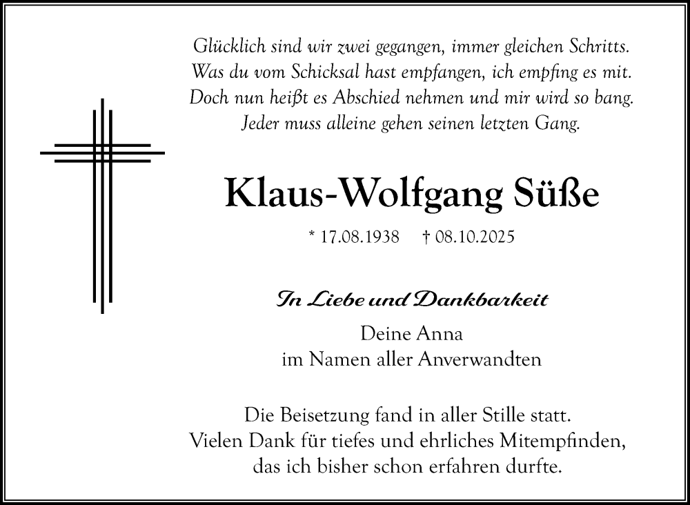  Traueranzeige für Klaus-Wolfgang Süße vom 29.11.2025 aus Nordbayerischer Kurier
