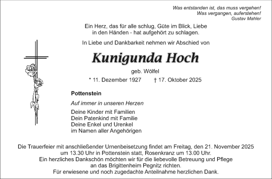 Anzeige von Kunigunda Hoch von Nordbayerischer Kurier