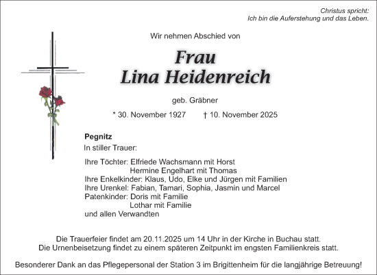 Anzeige von Lina Heidenreich von Nordbayerischer Kurier