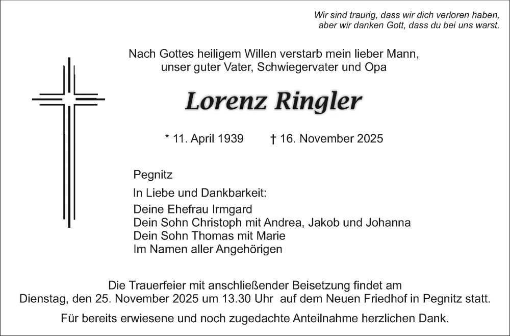  Traueranzeige für Lorenz Ringler vom 22.11.2025 aus Nordbayerischer Kurier