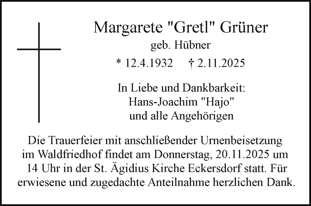  Traueranzeige für Margarete Grüner vom 15.11.2025 aus Nordbayerischer Kurier