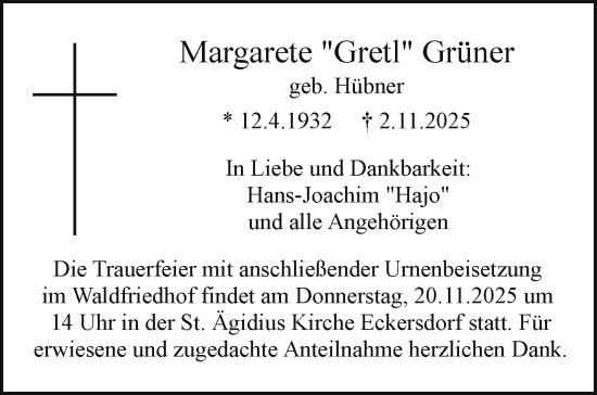 Anzeige von Margarete Grüner von Nordbayerischer Kurier