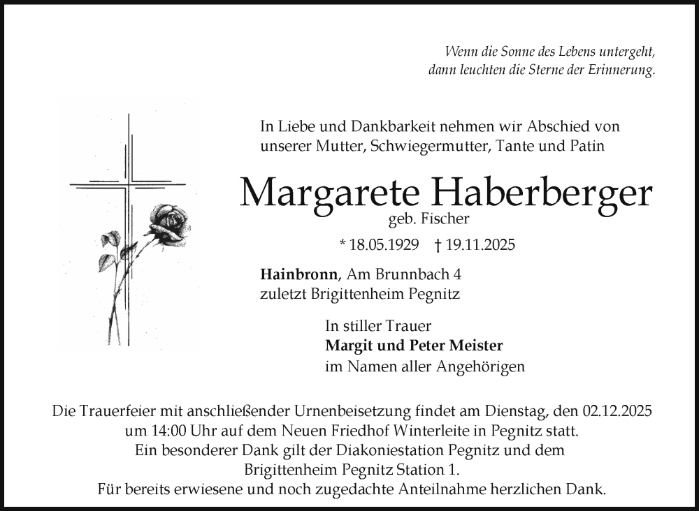 Traueranzeige für Margarete Haberberger vom 29.11.2025 aus Nordbayerischer Kurier