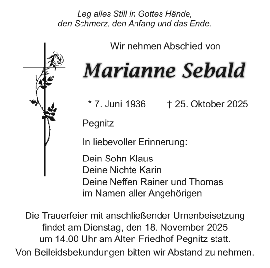 Anzeige von Marianne Sebald von Nordbayerischer Kurier