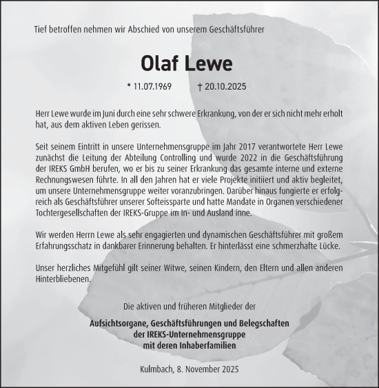 Anzeige von Olaf Lewe von Nordbayerischer Kurier