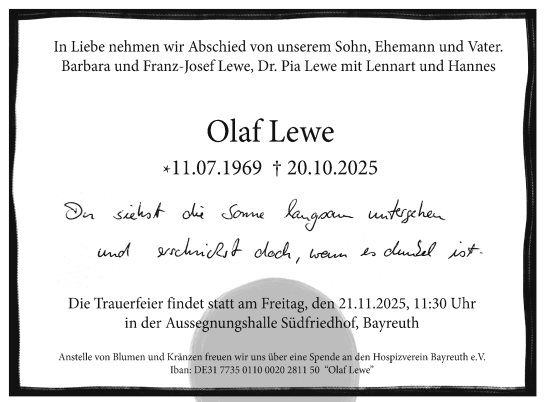 Anzeige von Olaf Lewe von Nordbayerischer Kurier
