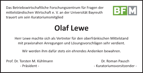 Anzeige von Olaf Lewe von Nordbayerischer Kurier