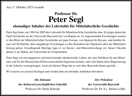 Anzeige von Peter Segl von Nordbayerischer Kurier