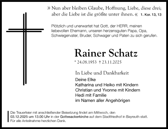 Anzeige von Rainer Schatz von Nordbayerischer Kurier