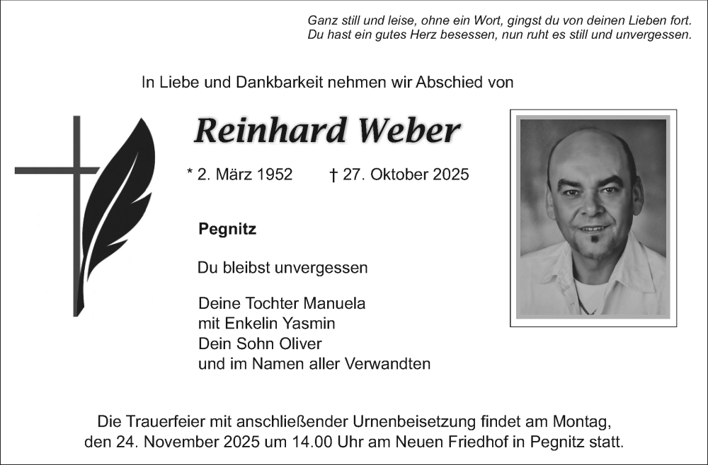  Traueranzeige für Reinhard Weber vom 18.11.2025 aus Nordbayerischer Kurier