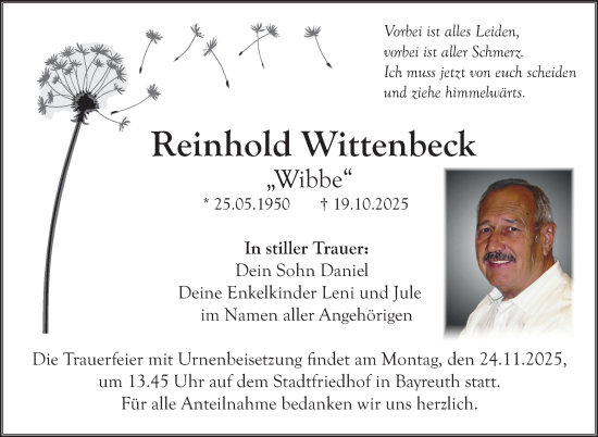 Anzeige von Reinhold Wittenbeck von Nordbayerischer Kurier
