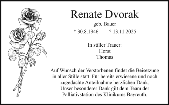 Anzeige von Renate Dvorak von Nordbayerischer Kurier