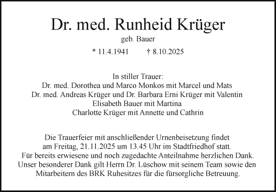 Anzeige von Runheid Krüger von Nordbayerischer Kurier