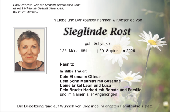 Anzeige von Sieglinde Rost von Nordbayerischer Kurier