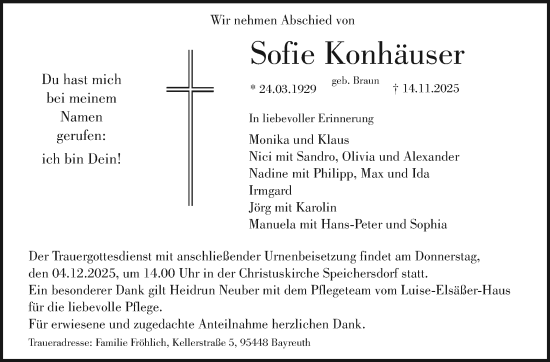Anzeige von Sofie Konhäuser von Nordbayerischer Kurier
