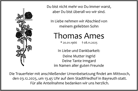 Anzeige von Thomas Ames von Nordbayerischer Kurier