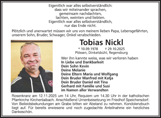 Anzeige von Tobias Nickl von Nordbayerischer Kurier
