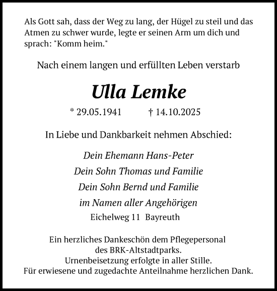 Anzeige von Ulla Lemke von Nordbayerischer Kurier