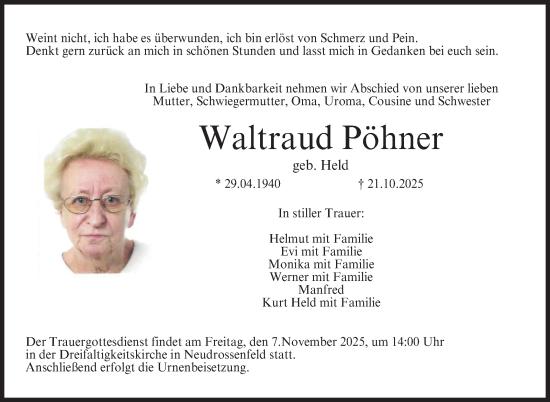 Anzeige von Waltraud Pöhner von Nordbayerischer Kurier