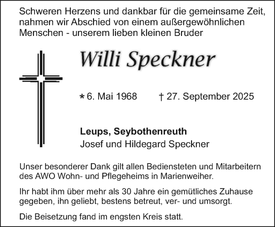 Anzeige von Willi Speckner von Nordbayerischer Kurier
