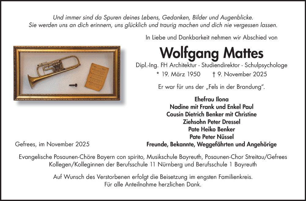  Traueranzeige für Wolfgang Mattes vom 15.11.2025 aus Nordbayerischer Kurier