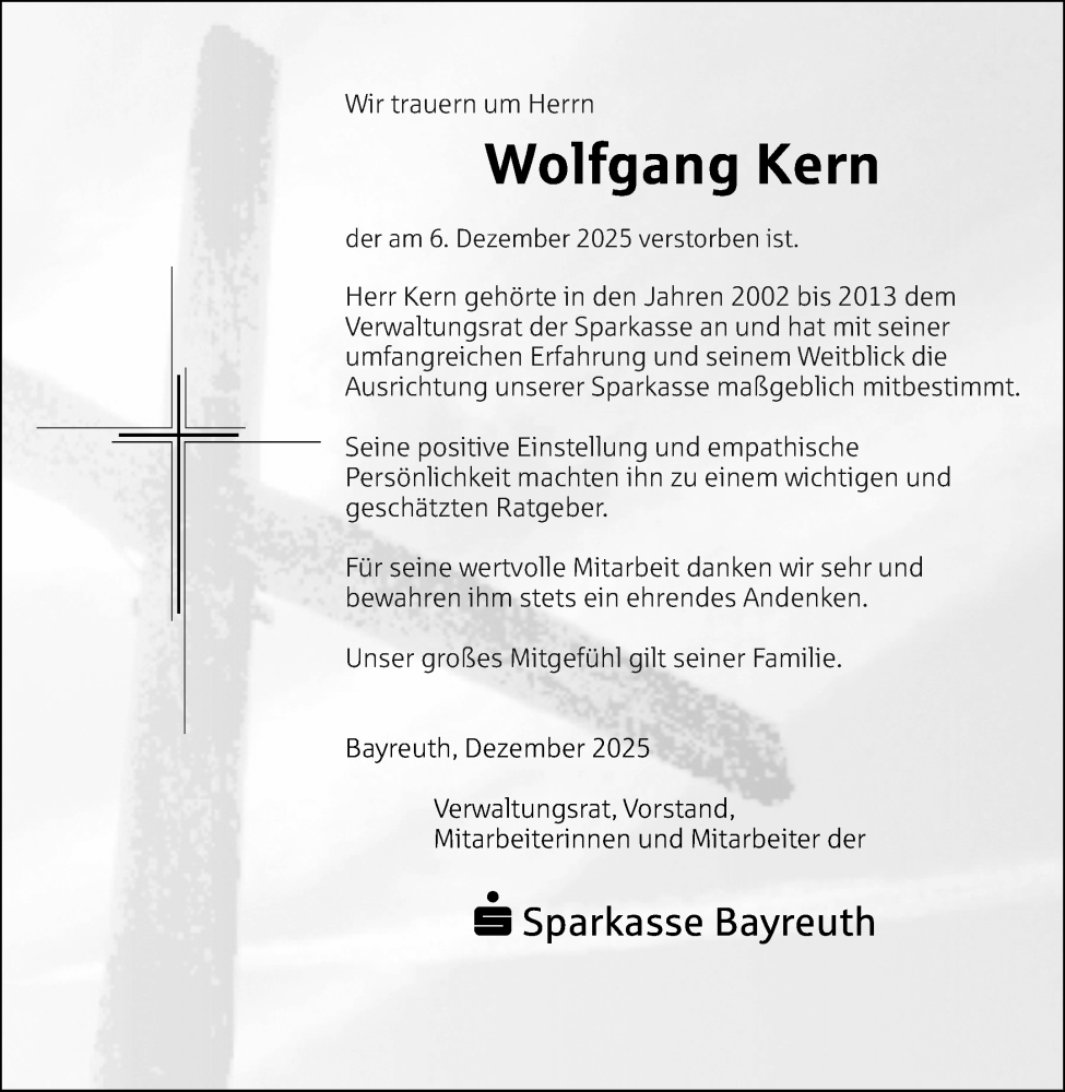  Traueranzeige für Wolfgang Kern vom 18.12.2025 aus Nordbayerischer Kurier