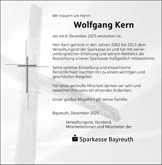 Anzeige von Wolfgang Kern von Nordbayerischer Kurier