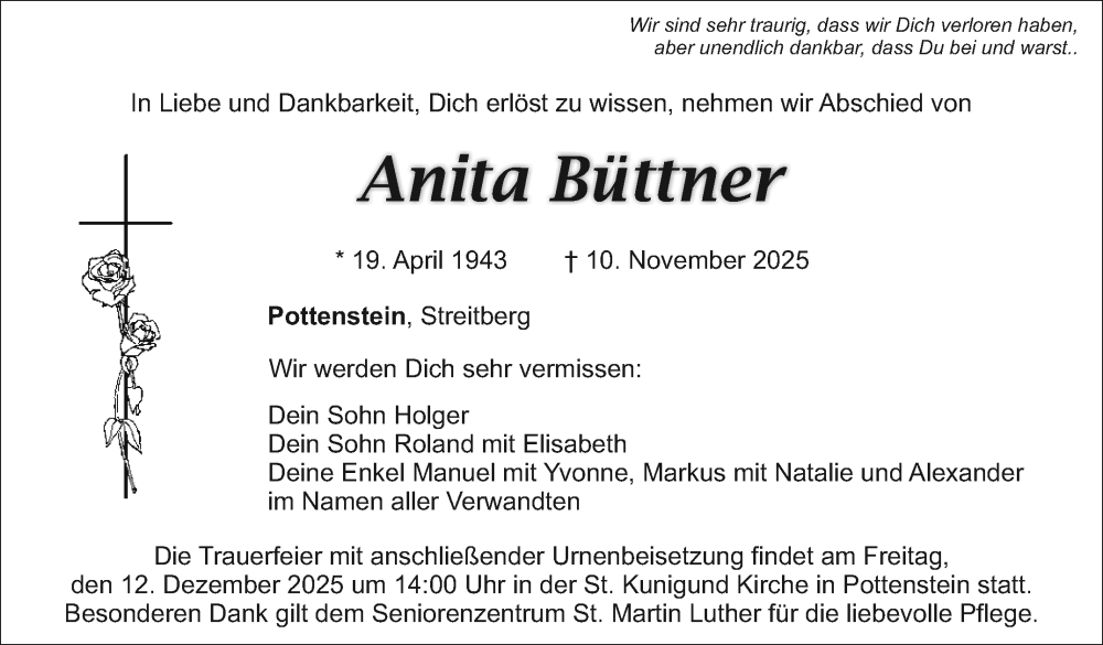  Traueranzeige für Anita Büttner vom 06.12.2025 aus Nordbayerischer Kurier