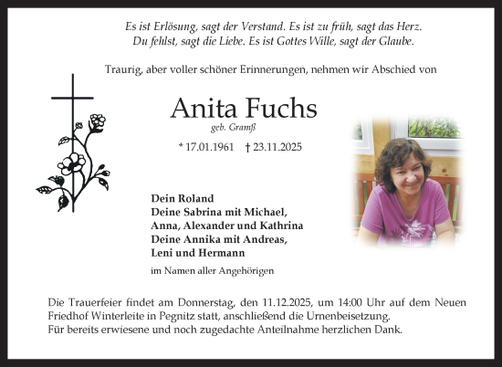 Anzeige von Anita Fuchs von Nordbayerischer Kurier