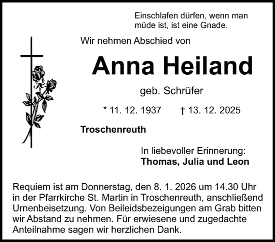 Anzeige von Anna Heiland von Nordbayerischer Kurier
