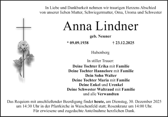 Anzeige von Anna Lindner von Nordbayerischer Kurier