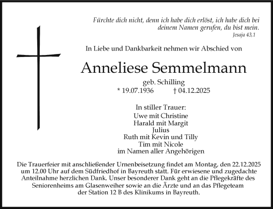 Anzeige von Anneliese Semmelmann von Nordbayerischer Kurier