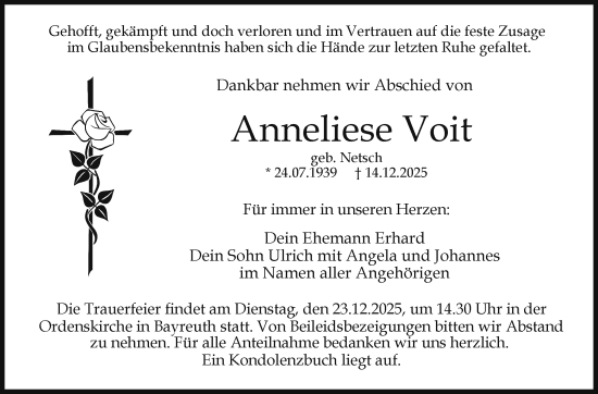 Anzeige von Anneliese Voit von Nordbayerischer Kurier