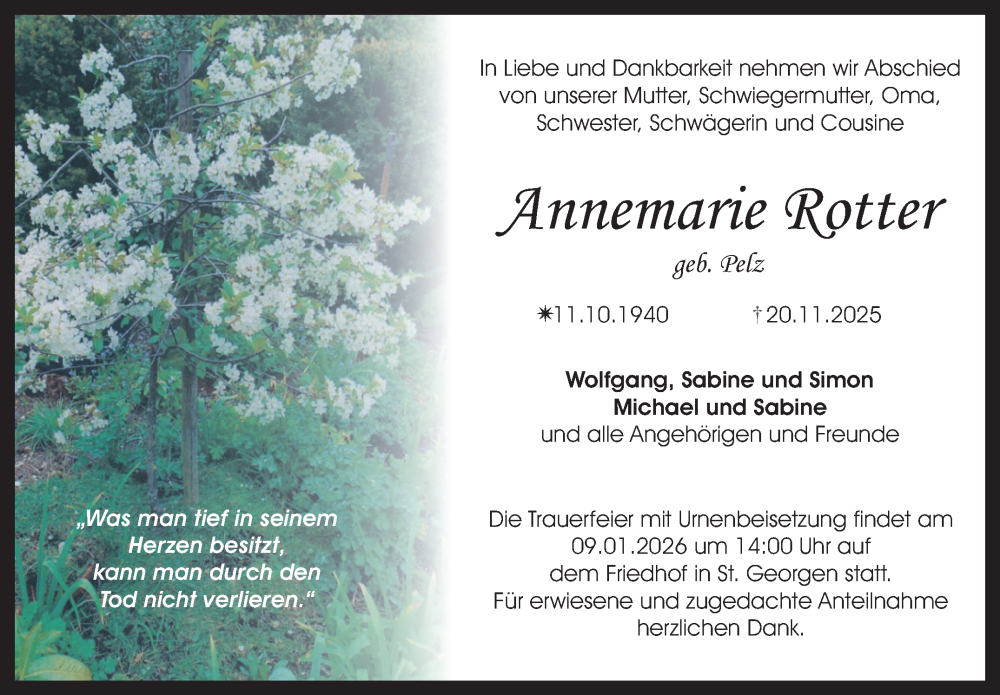  Traueranzeige für Annemarie Rotter vom 06.12.2025 aus Nordbayerischer Kurier