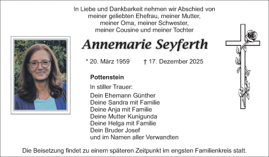 Anzeige von Annemarie Seyferth von Nordbayerischer Kurier