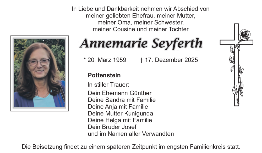  Traueranzeige für Annemarie Seyferth vom 27.12.2025 aus Nordbayerischer Kurier