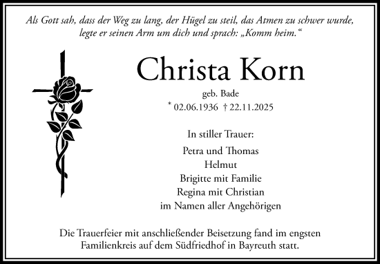 Anzeige von Christa Korn von Nordbayerischer Kurier