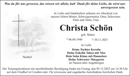 Anzeige von Christa Schön von Nordbayerischer Kurier